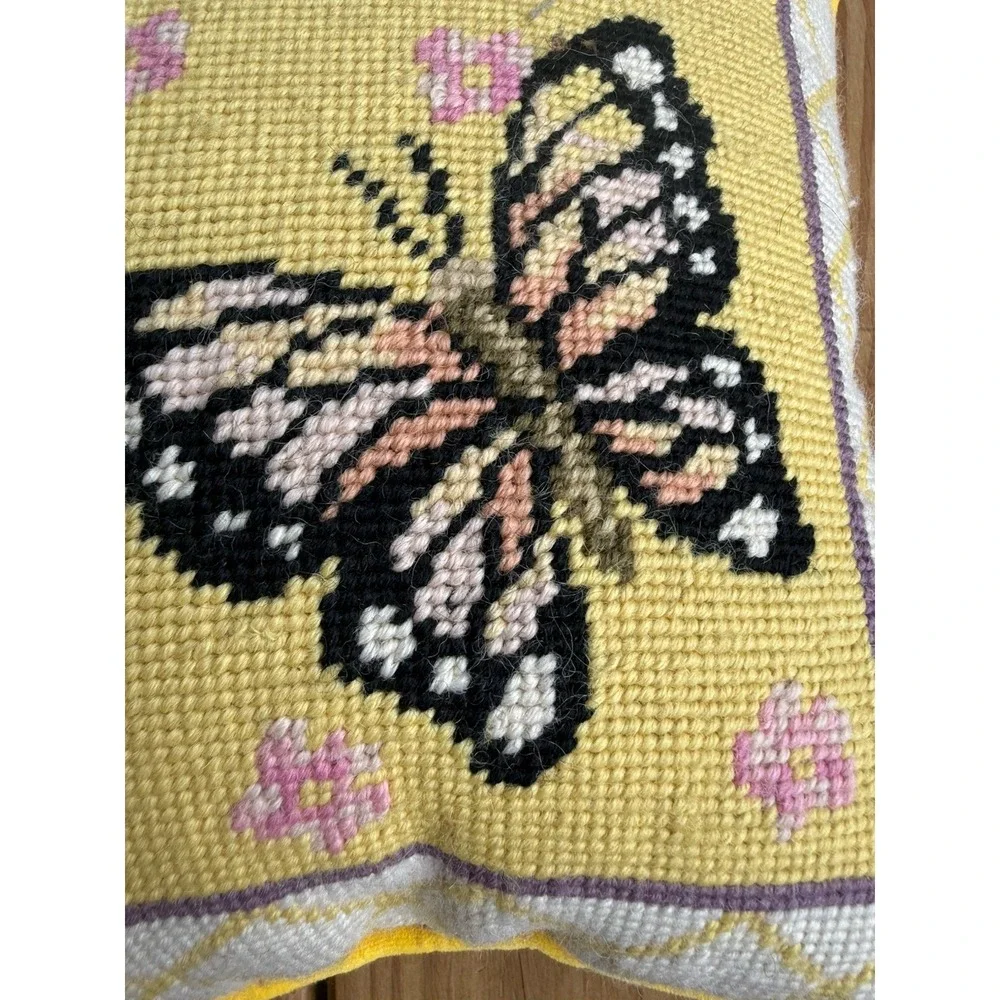Vintage MCM Needlepoint Tapestry Throw Pillow Daisies Butterflies yellow BOHO